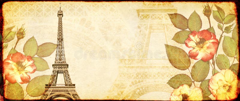 Fond grunge avec la texture de papier, les fleurs roses s? ches et le Tour Eiffel photos stock