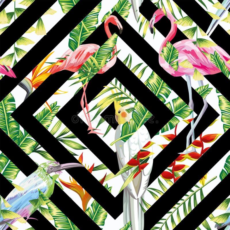 Fond géométrique sans couture de feuilles tropicales d'oiseaux illustration libre de droits