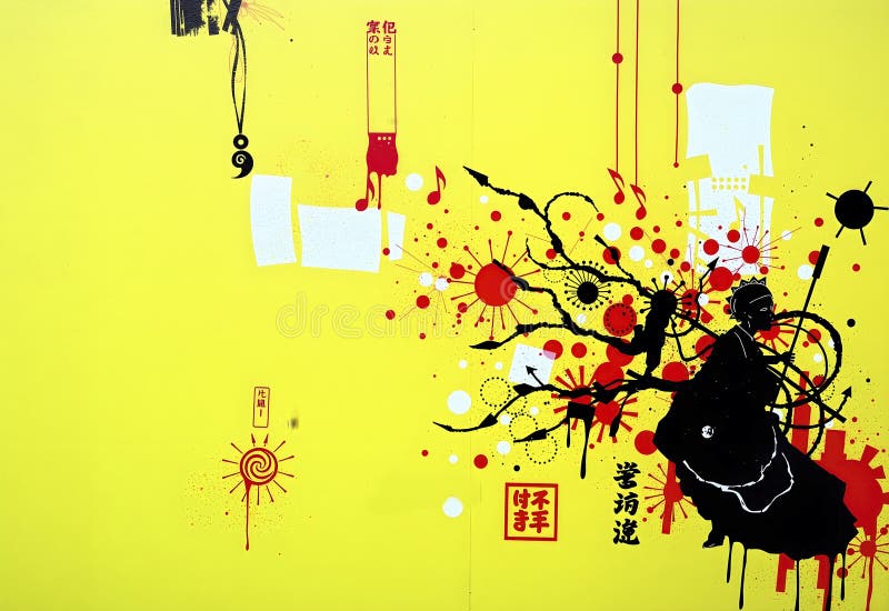Fond jaune abstrait avec le contenu des notes de musique fleurie et des caractères japonais sur fond monochrome jaunâtre