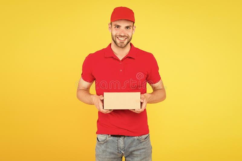 Man red cap yellow background. Delivering purchase. Faster than you can imagine. Delivered to your destination. Service delivery. Salesman career. Courier and delivery. Postman delivery worker. Man red cap yellow background. Delivering purchase. Faster than you can imagine. Delivered to your destination. Service delivery. Salesman career. Courier and delivery. Postman delivery worker.