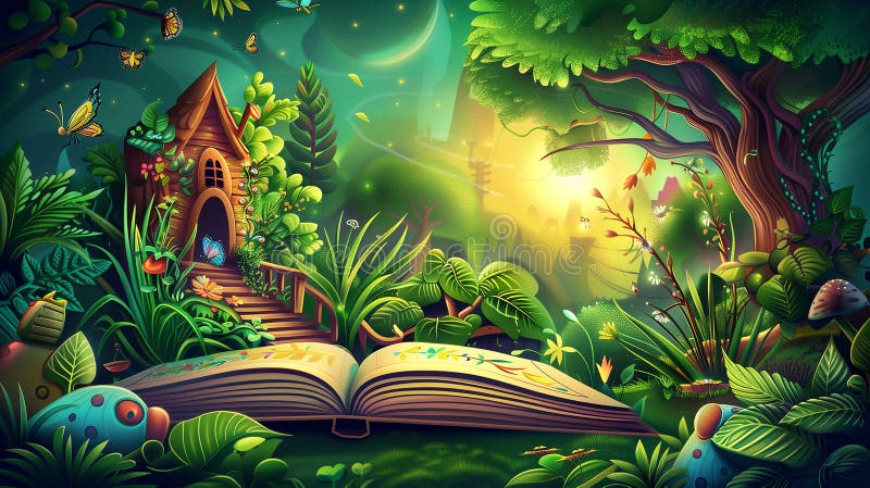 Magical fairy tale background with magic book in the forest. Magical fairy tale background with magic book in the forest