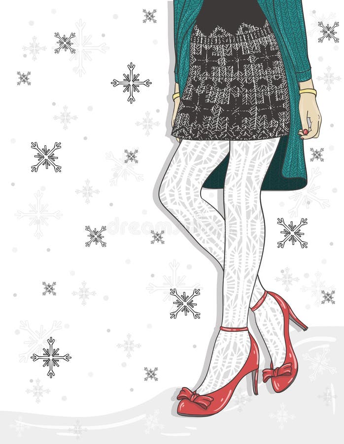 Cute winter fashion background. girl with red shoes. Cute winter fashion background. girl with red shoes