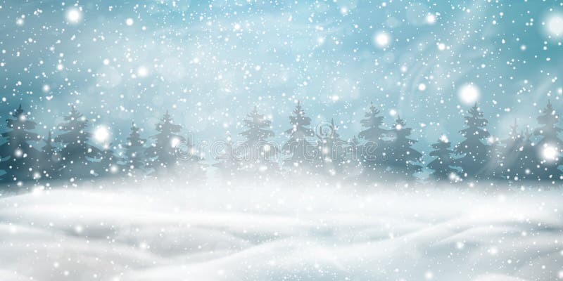 Fond naturel de Noël d'hiver avec le ciel bleu, chutes de neige lourdes, flocons de neige, forêt conifére neigeuse, congères illustration stock Fond naturel de Noël d'hiver avec le ciel bleu, chutes de neige lourdes, flocons de neige, forêt conifére neigeuse, congères illustration stock