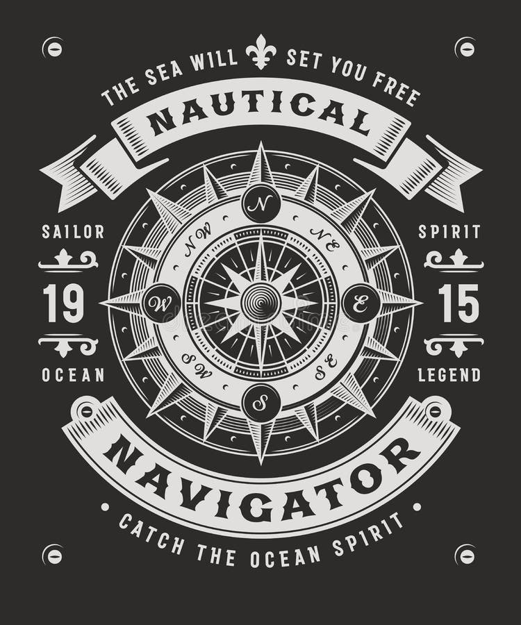 Vintage nautical navigator typography on black background, t-shirt and label graphics with compass rose. Editable vector illustration in woodcut style. Adapted for dark backgrounds. Vintage nautical navigator typography on black background, t-shirt and label graphics with compass rose. Editable vector illustration in woodcut style. Adapted for dark backgrounds.