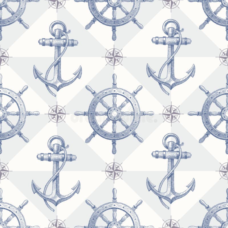 Seamless nautical background with hand drawn elements - ship steering wheel and anchor. Seamless nautical background with hand drawn elements - ship steering wheel and anchor.