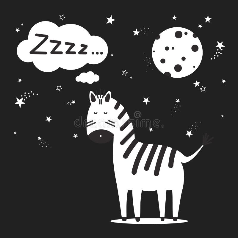 Fond noir et blanc avec le zèbre, lune, étoiles illustration libre de droits Fond noir et blanc avec le zèbre, lune, étoiles illustration libre de droits