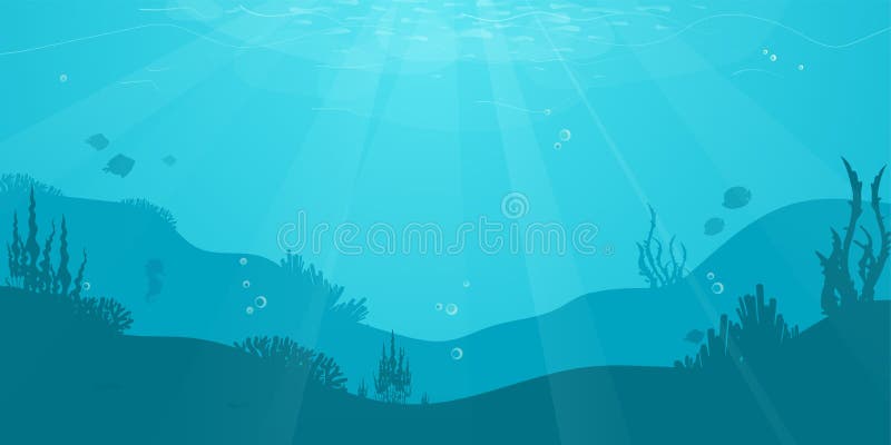 Fond plat de bande dessinée sous-marine avec la silhouette de poissons, algue, corail Vie marine d'océan, conception mignonne illustration libre de droits Fond plat de bande dessinée sous-marine avec la silhouette de poissons, algue, corail Vie marine d'océan, conception mignonne illustration libre de droits