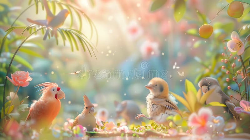 Easter background with chickens and spring flowers. Springtime concept. Easter background with chickens and spring flowers. Springtime concept