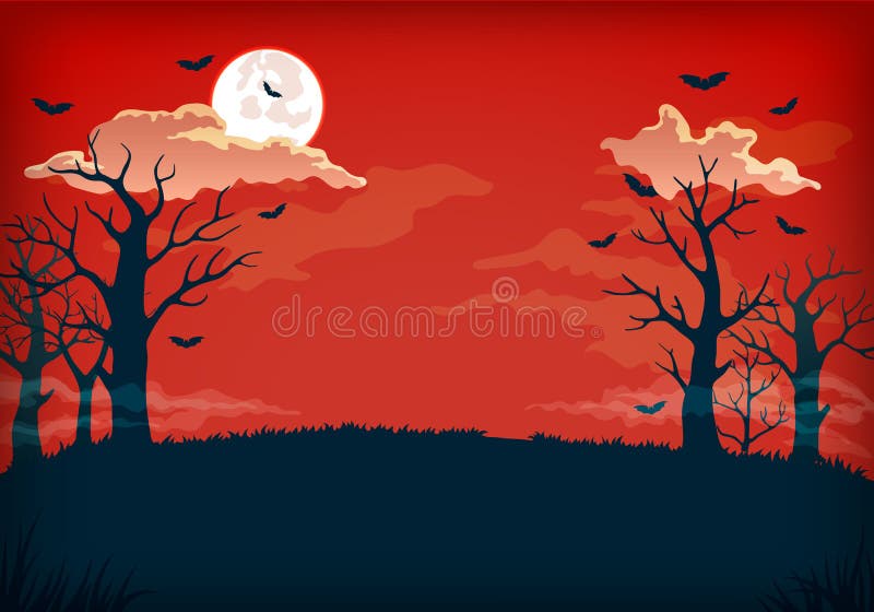 Fond rouge et bleu-foncé fantasmagorique de nuit avec la pleine lune, les nuages, les arbres nus et les battes illustration libre de droits Fond rouge et bleu-foncé fantasmagorique de nuit avec la pleine lune, les nuages, les arbres nus et les battes illustration libre de droits