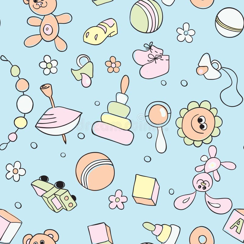 Seamless children background. Hand drawn pattern with children's toys and elements. Seamless children background. Hand drawn pattern with children's toys and elements