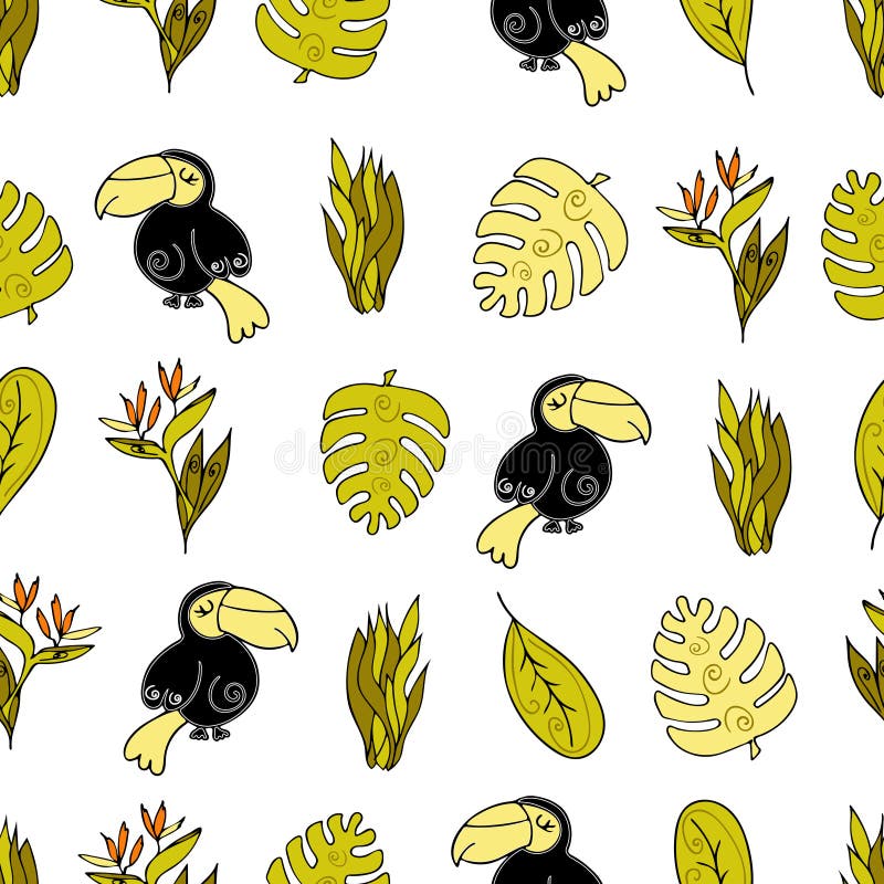Fond sans couture de jungle, Afrique Oiseau de toucan, monstera a illustration libre de droits Fond sans couture de jungle, Afrique Oiseau de toucan, monstera a illustration libre de droits