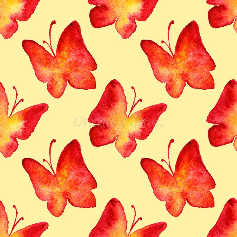 Fond sans couture de modèle de papillon jaune rouge d'aquarelle illustration libre de droits