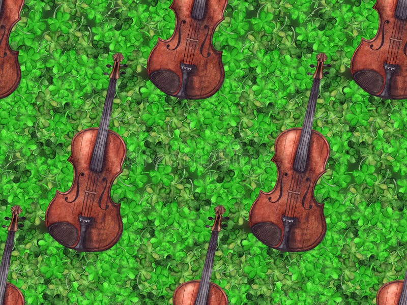 Fond sans couture de texture de modèle de l'Irlande de vintage d'aquarelle de violon de violon d'instrument de musique de trèfle illustration libre de droits Fond sans couture de texture de modèle de l'Irlande de vintage d'aquarelle de violon de violon d'instrument de musique de trèfle illustration libre de droits
