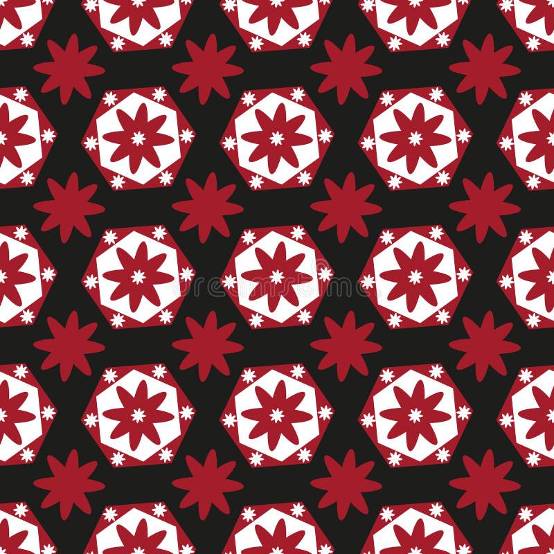 Fond sans couture des fleurs géométriques rouges et blanches sur le noir illustration de vecteur Fond sans couture des fleurs géométriques rouges et blanches sur le noir illustration de vecteur