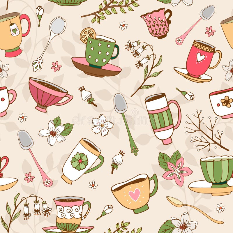 Fond sans couture des tasses et des cuillères de thé illustration libre de droits