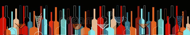 Seamless background with liquor bottles and glasses horizontal retro. Seamless background with liquor bottles and glasses horizontal retro