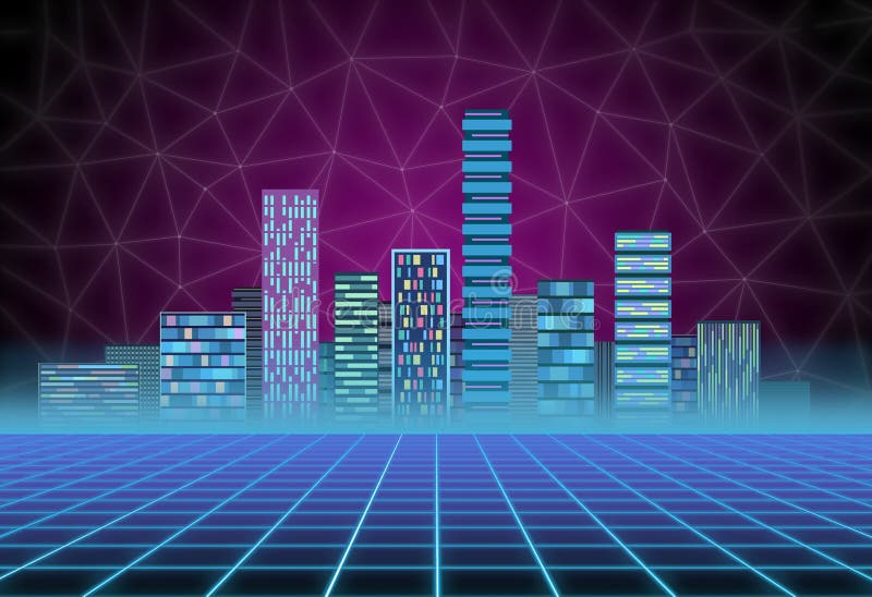 Urban background: futuristic hi-tech city in neon glow. Synthwave, retrowave, abstract metropolis and primitive megalopolis concept. Urban background: futuristic hi-tech city in neon glow. Synthwave, retrowave, abstract metropolis and primitive megalopolis concept