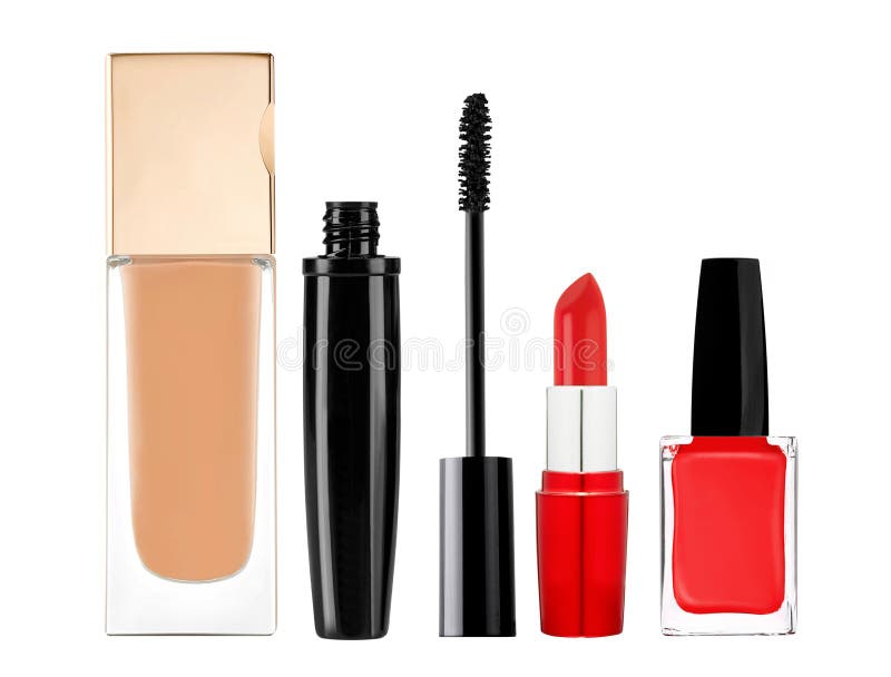 Fondamento, mascara, rossetto e smalto isolati su bianco immagine stock Fondamento, mascara, rossetto e smalto isolati su bianco immagine stock