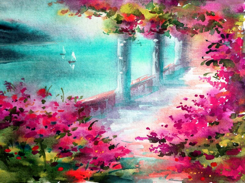 Fondo abstracto texturizado brillante colorido de la acuarela hecho a mano Paisaje mediterr? neo libre illustration