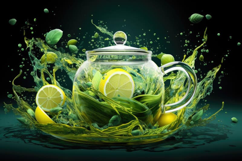 An illustration reflecting the rhythm and energy of green tea with lime, a rhythmic composition of abstract shapes and lines. Abstract beautiful background in green shades. Tea break time AI generated. An illustration reflecting the rhythm and energy of green tea with lime, a rhythmic composition of abstract shapes and lines. Abstract beautiful background in green shades. Tea break time AI generated