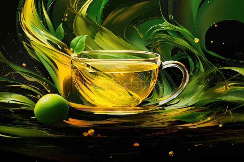 An illustration reflecting the rhythm and energy of green tea with lime, a rhythmic composition of abstract shapes and lines. Abstract beautiful background in green shades. Tea break time AI generated. An illustration reflecting the rhythm and energy of green tea with lime, a rhythmic composition of abstract shapes and lines. Abstract beautiful background in green shades. Tea break time AI generated