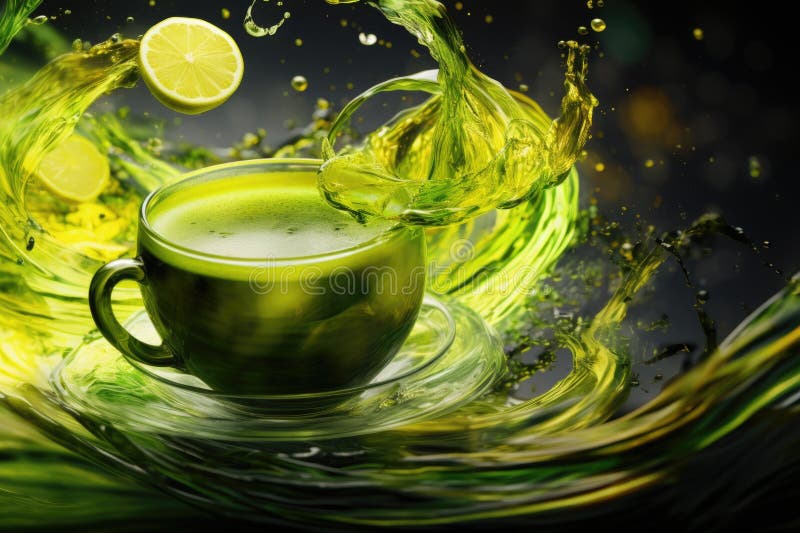 An illustration reflecting the rhythm and energy of green tea with lime, a rhythmic composition of abstract shapes and lines. Abstract beautiful background in green shades. Tea break time AI generated. An illustration reflecting the rhythm and energy of green tea with lime, a rhythmic composition of abstract shapes and lines. Abstract beautiful background in green shades. Tea break time AI generated