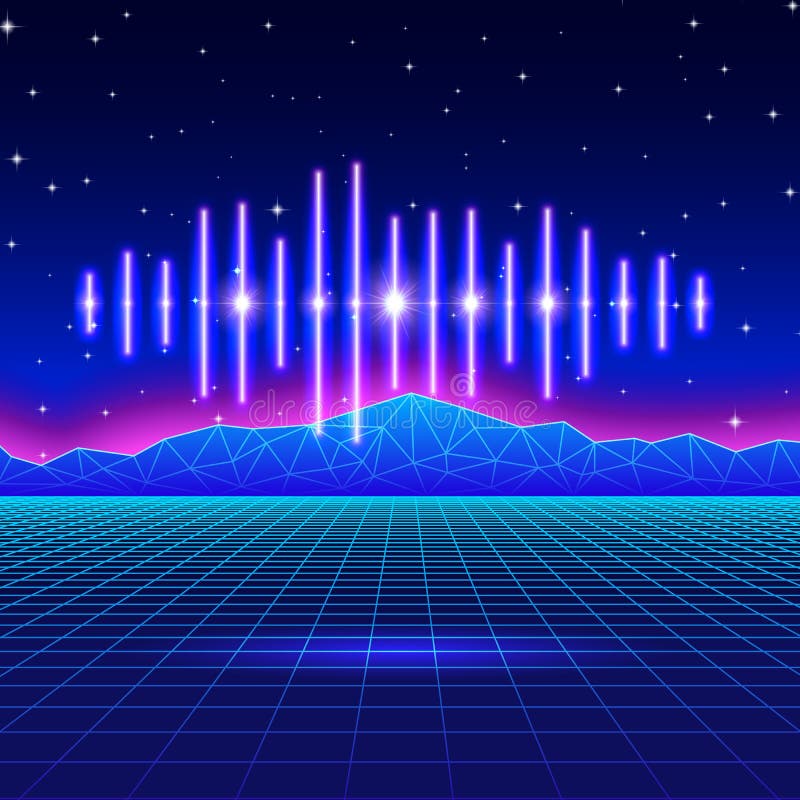 Fondo al neon di retro gioco con l'onda brillante di musica royalty illustrazione gratis Fondo al neon di retro gioco con l'onda brillante di musica royalty illustrazione gratis