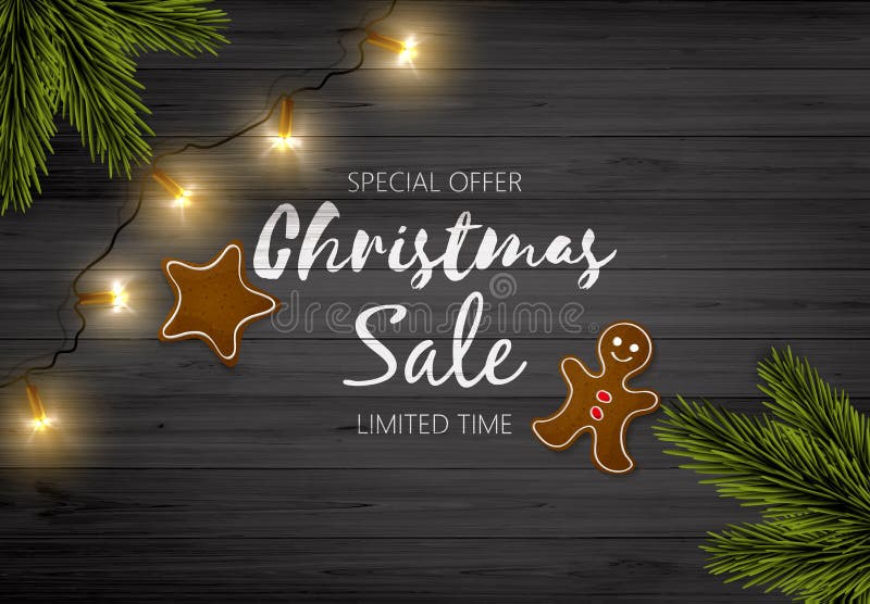 Fondo allegro di vendita Etichetta del cerchio con il Buon Natale che segna sul bordo di legno rustico royalty illustrazione gratis