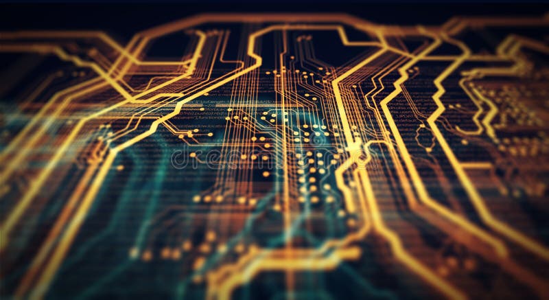 Orange and green technology background circuit board and code. 3d Illustration. Orange and green technology background circuit board and code. 3d Illustration