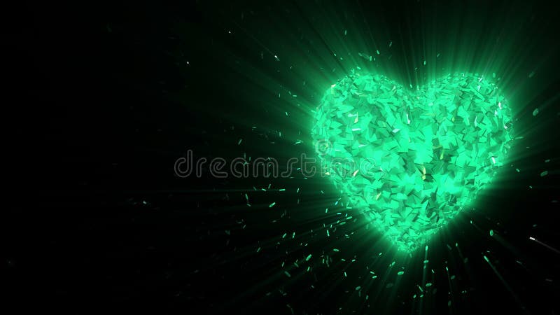 Fondo animato avvolto estratto: Il cuore verde smeraldo luminoso girante 3d ha formato i pezzi ed i cubi di filatura verde