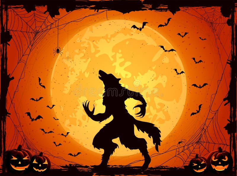Fondo arancio di Halloween con i pipistrelli ed il lupo mannaro