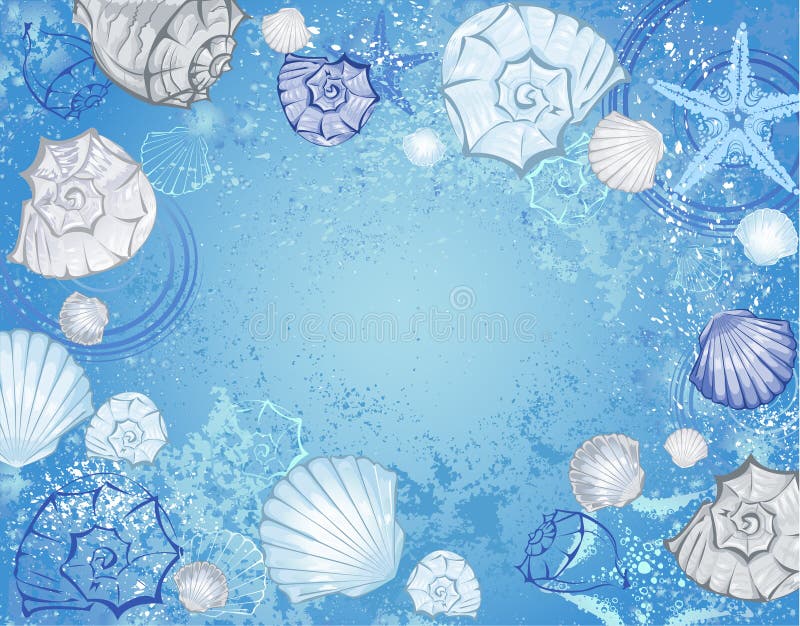 Blue sea background with blue and beige seashells and starfish. Blue sea background with blue and beige seashells and starfish.