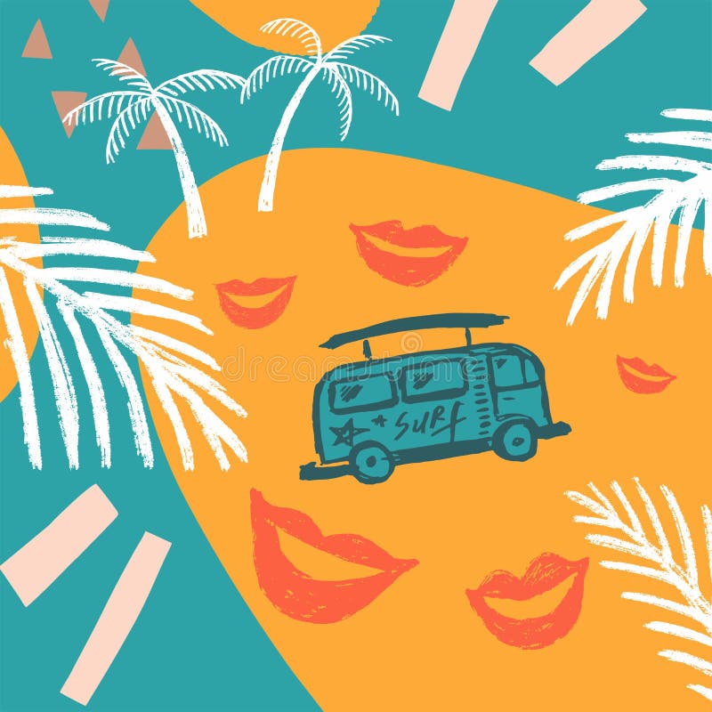 Fondo azul con las palmeras y la plantilla del autobús stock de ilustración Fondo azul con las palmeras y la plantilla del autobús stock de ilustración