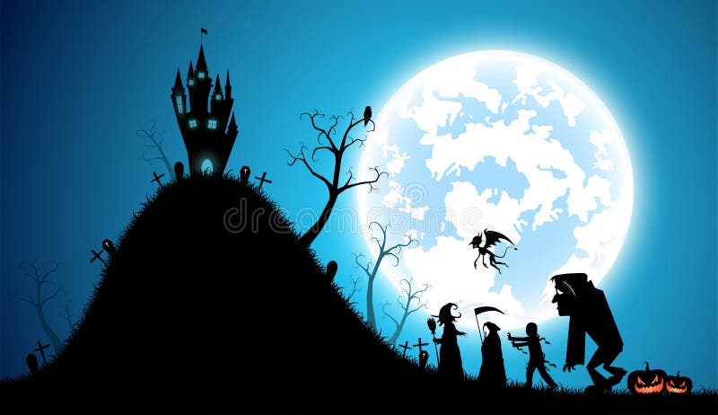 Fondo azul del ejemplo, concepto de Halloween del festival stock de ilustración Fondo azul del ejemplo, concepto de Halloween del festival stock de ilustración
