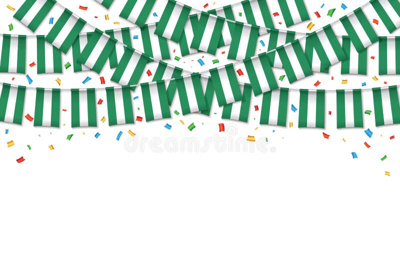 Fondo bianco della ghirlanda della bandiera della Nigeria con i coriandoli illustrazione di stock Fondo bianco della ghirlanda della bandiera della Nigeria con i coriandoli illustrazione di stock