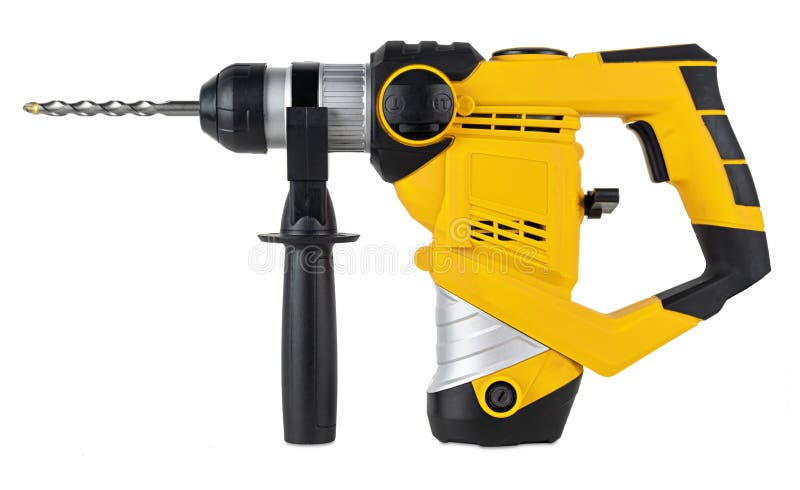 Fondo bianco isolato attrezzi per bricolage neri gialli pesanti della macchina del trapano di perforazione del presa-martello Str fotografia stock libera da diritti Fondo bianco isolato attrezzi per bricolage neri gialli pesanti della macchina del trapano di perforazione del presa-martello Str fotografia stock libera da diritti