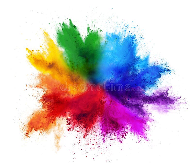 Fondo bianco isolato esplosione variopinta della polvere di colore della pittura di holi dell'arcobaleno Fondo bianco isolato esplosione variopinta della polvere di colore della pittura di holi dell'arcobaleno