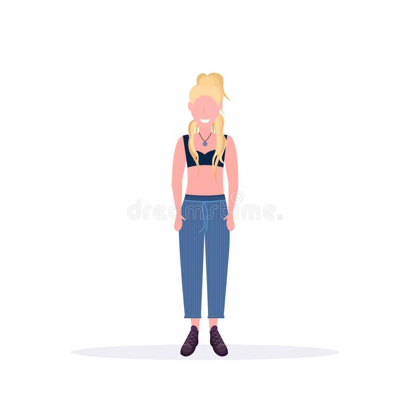 Fondo bianco piano integrale sorridente del personaggio dei cartoni animati femminile biondo di signora della donna di posa casua illustrazione di stock Fondo bianco piano integrale sorridente del personaggio dei cartoni animati femminile biondo di signora della donna di posa casua illustrazione di stock