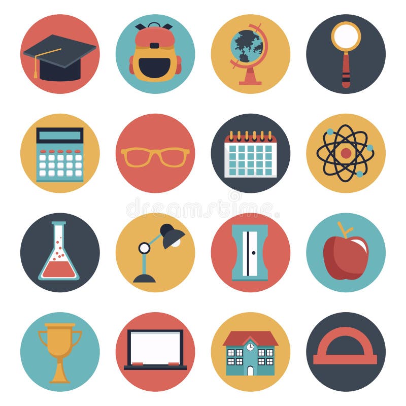 Fondo blanco con el sistema de elementos circulares coloridos de la escuela de los iconos del marco ilustración del vector Fondo blanco con el sistema de elementos circulares coloridos de la escuela de los iconos del marco ilustración del vector