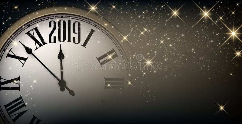 Fondo brillante del Año Nuevo 2019 del oro con el reloj Tarjeta de felicitación libre illustration Fondo brillante del Año Nuevo 2019 del oro con el reloj Tarjeta de felicitación libre illustration