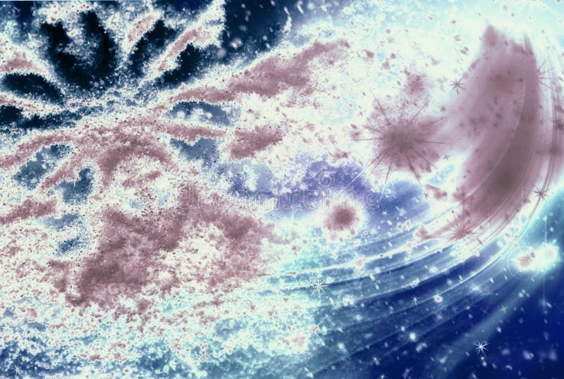 Fondo colorido de la Navidad con los copos de nieve y las estrellas en un fondo azul. Fondo azul y rosado hermoso de la Navidad - copos de nieve, estrellas, luces