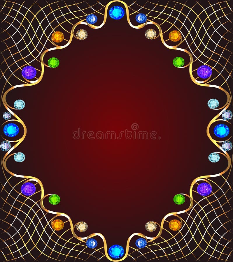 Fondo con las piedras preciosas, el ornamento de oro y las estrellas ilustración del vector Fondo con las piedras preciosas, el ornamento de oro y las estrellas ilustración del vector
