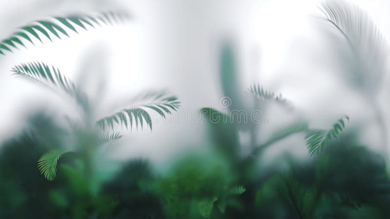 3D illustration of blurred green tropical leaves behind the glass. Wallpaper or print. 3D illustration of blurred green tropical leaves behind the glass. Wallpaper or print