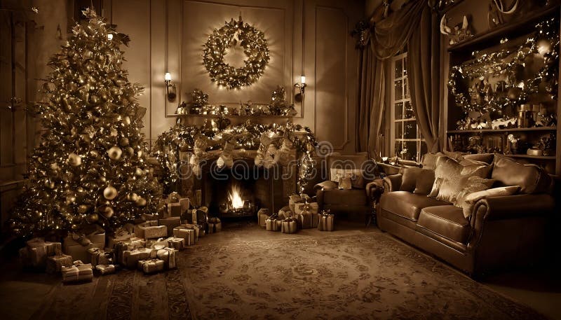 Fondo de concepto sepia color con una lujosa habitación familiar con todos los accesorios de navidad completos stock de ilustración