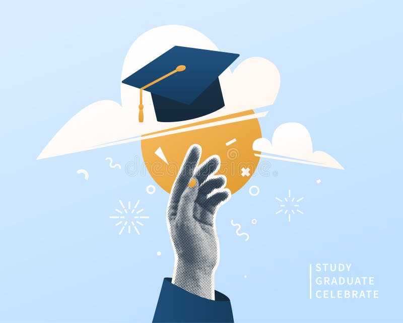 Fondo de ilustración vectorial graduado. Efecto de semitono gorro de la mano del estudiante con el sol del cielo. Graduación de ed ilustración del vector