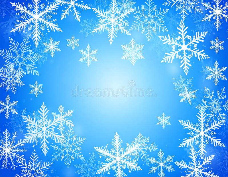 Fondo de invierno azul con hermosos copos de nieve. ilustración del vector