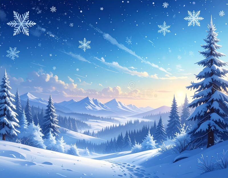 Fondo de invierno azul con hermosos copos de nieve. ilustración del vector