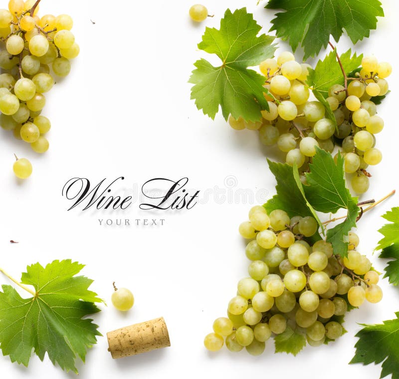Fondo de la carta de vinos del arte; uvas blancas y hoja dulces fotos de archivo Fondo de la carta de vinos del arte; uvas blancas y hoja dulces fotos de archivo