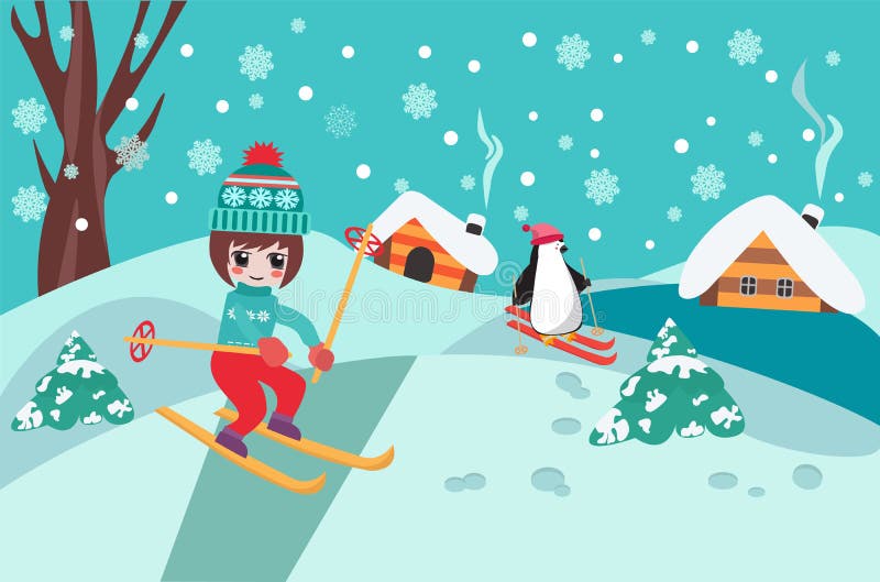 Fondo de la colección de la Feliz Navidad con el skiin lindo de la muchacha del chibi ilustración del vector Fondo de la colección de la Feliz Navidad con el skiin lindo de la muchacha del chibi ilustración del vector