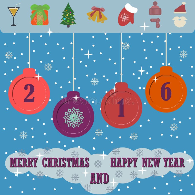 Fondo de la Feliz Navidad y de la Feliz Año Nuevo con los iconos planos de la Navidad stock de ilustración Fondo de la Feliz Navidad y de la Feliz Año Nuevo con los iconos planos de la Navidad stock de ilustración